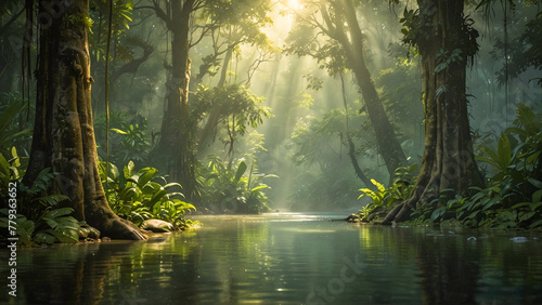 Mystical jungle scene with morning rays