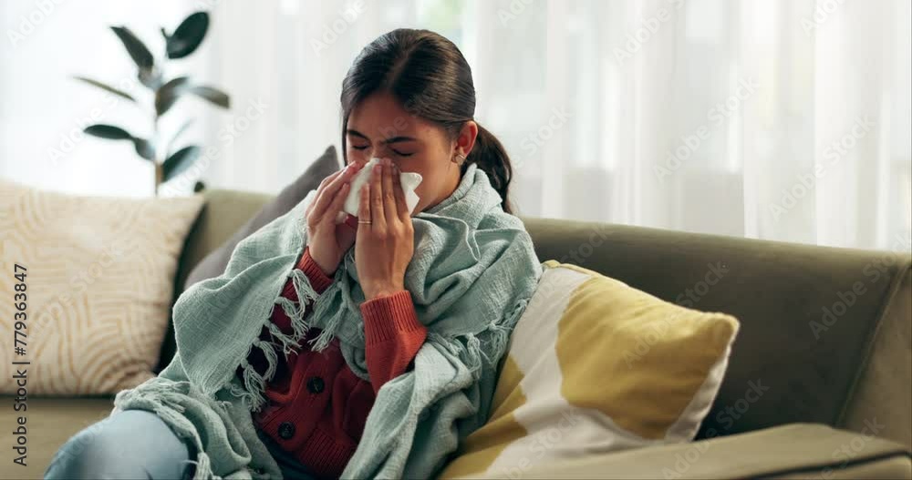 Woman, sick and blowing nose on couch for flu illness or sneezing disease with blanket, allergy or virus. Female person, tissue and sofa in home for bacteria problem in lounge, sinus or influenza Woman, sick and blowing nose on couch for flu illness or sneezing disease with blanket, allergy or virus. Female person, tissue and sofa in home for bacteria problem in lounge, sinus or influenza