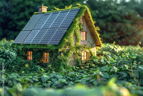 A picturesque dwelling emerges from the foliage, as this eco-friendly house becomes a part of nature's canvas. A small eco-friendly cozy house immersed in greenery.