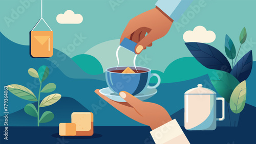 A digital illustration featuring a persons hand holding a tea bag with a speech bubble next to it pointing out the various aromas and tasting