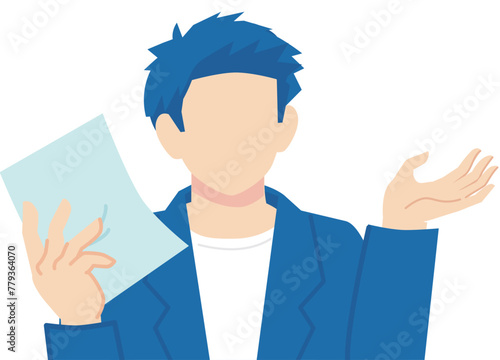 書類を持って話す紺色スーツの短髪男性