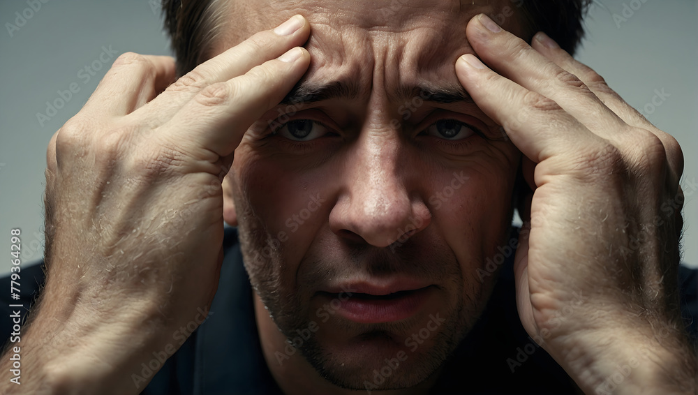 Fototapeta premium A person's hands holding their head in anguish, copy space, conveying the overwhelming emotions of depression. Awareness about depression and mental health issue.