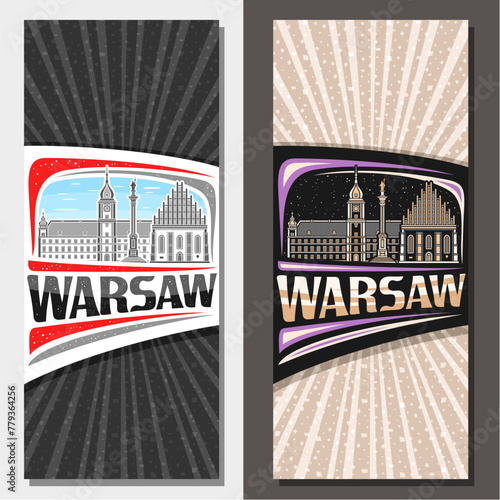 Vector vertical layouts for Warsaw, decorative leaflet with line illustration of european warsaw city scape on day and dusk sky background, art design tourist card with unique letters for word warsaw