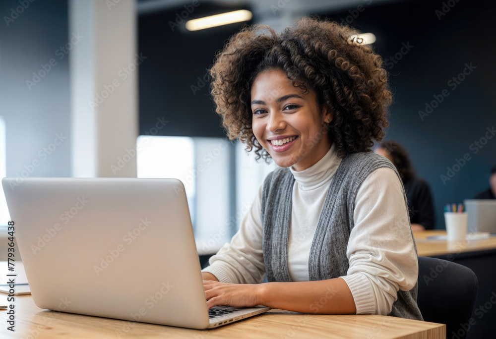 Cheerful Woman Using Laptop in Cafe Cheerful Woman Using Laptop in Cafe