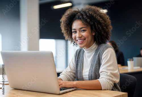 Cheerful Woman Using Laptop in Cafe