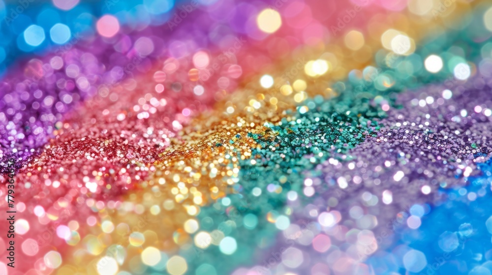 Detailed view of a rainbow-colored glitter background, showcasing bright and sparkling textures