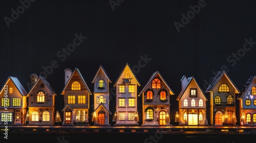 A row of charming houses illuminated, sitting closely next to each other