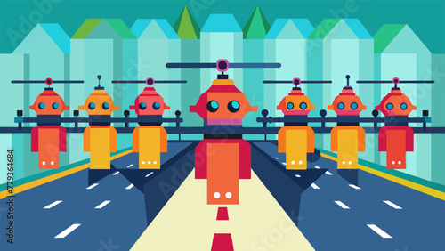 Rows of colorful robotic drones neatly lined up and ready to be deployed for automated tasks in a modern manufacturing facility.