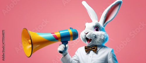 Eye-Catching Easter Bunny Collage with a Megaphone: Perfect for Promotions, holiday, ad, job questions. Vacancy. Business discount concept, communication, information, news, media relations team.