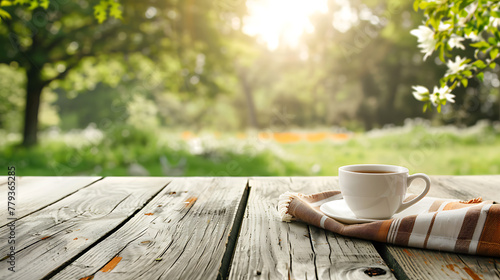 Coffee cup on a wooden table in the garden, nature background