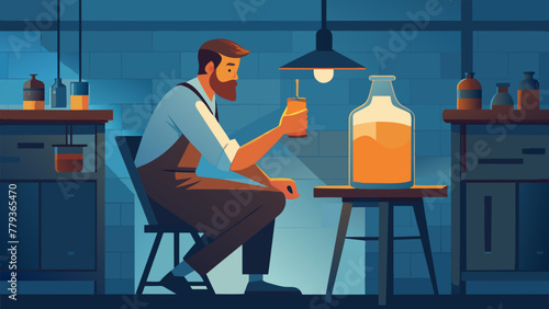 Sitting on a rickety stool in his garage a determined brewer gazes at the amber liquid in his glass carboy his hand gently swirling the