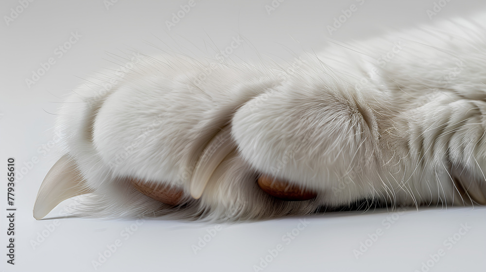 Closeup of a White cat's claw, Vivid lighting highlights the claw's curvature and fine lines on white background Closeup of a White cat's claw, Vivid lighting highlights the claw's curvature and fine lines on white background
