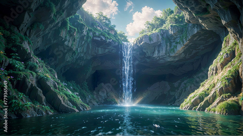 Beautiful view of a waterfall in the middle of a canyon desktop wallpaper