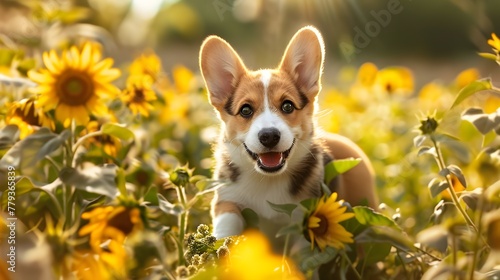 Corgi puppy playing with flowers