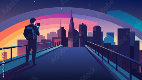 A lone photographer stands on a bridge overlooking a bustling cityscape below. In the background a rainbow of city lights illuminate the night
