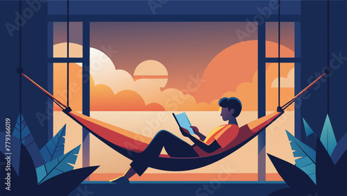 With the sun gently shining through the window a person lies in a hammock leisurely reading a thoughtprovoking novella completely immersed in