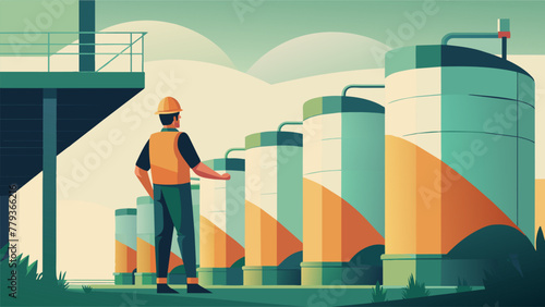 A factory worker inspects a row of industrialsized biofuel tanks filled with organic waste ready to be converted into sustainable energy to