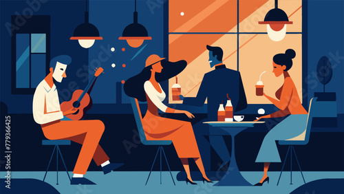 A cozy cafe filled with the rich aroma of freshly brewed coffee and the soulful tunes of a live jazz trio as couples cuddle in intimate