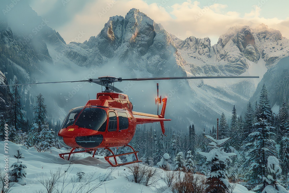 A red rescue helicopter during search and rescue work in the mountains. A helicopter searching for people in mountain forests. Mountain guardian in flight. A red rescue helicopter during search and rescue work in the mountains. A helicopter searching for people in mountain forests. Mountain guardian in flight.