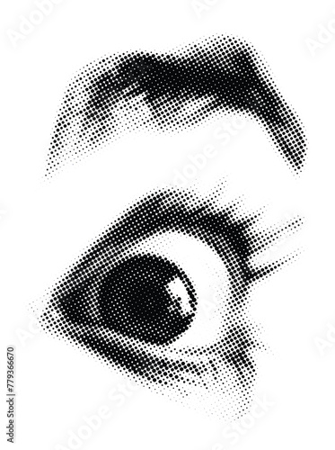 With a gaze full of wonder and surprise, the wide open eye narrates a tale of unexpected awe, captured in a halftone vector illustration of a human eye.