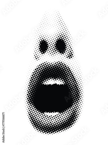 Vector illustration in a retro pop art comic style featuring a wide-open mouth in black and white with dotted halftone shading.