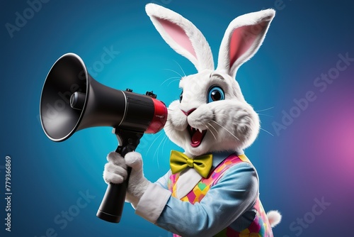 Eye-Catching Easter Bunny Collage with a Megaphone: Perfect for Promotions, holiday, ad, job questions. Vacancy. Business discount concept, communication, information, news, media relations team.