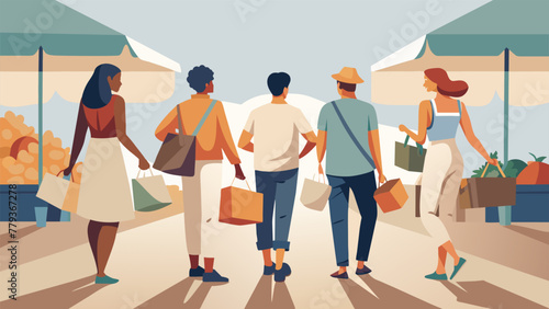 A group of friends leisurely stroll through the farmers market each carrying their own canvas tote bag to hold their purchases. Not a plastic