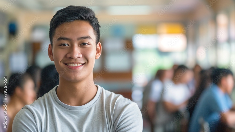 Handsome young filipino male student smiling and looking at the camera in a high school classroom with blurred students in the background. Handsome young filipino male student smiling and looking at the camera in a high school classroom with blurred students in the background.