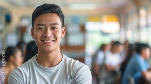 Handsome young filipino male student smiling and looking at the camera in a high school classroom with blurred students in the background.