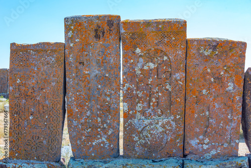 Noratus cemetery with Khachkars - ancient tombstones in Armenia photo