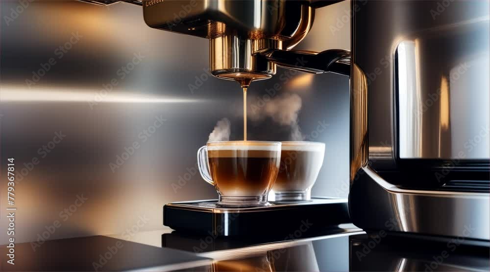 Espresso machine pouring coffee in modern kitchen interior in a house with contemporary design and luxurious furniture. Espresso machine pouring coffee in modern kitchen interior in a house with contemporary design and luxurious furniture.