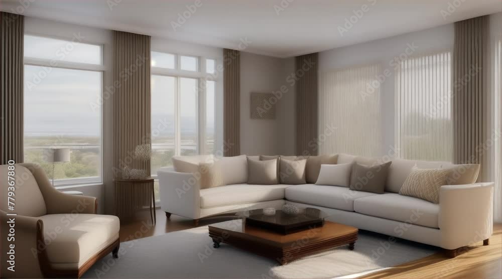 Modern living room interior with sofa and contemporary furniture in a comfortable home design and a window with plenty of natural light. Modern living room interior with sofa and contemporary furniture in a comfortable home design and a window with plenty of natural light.