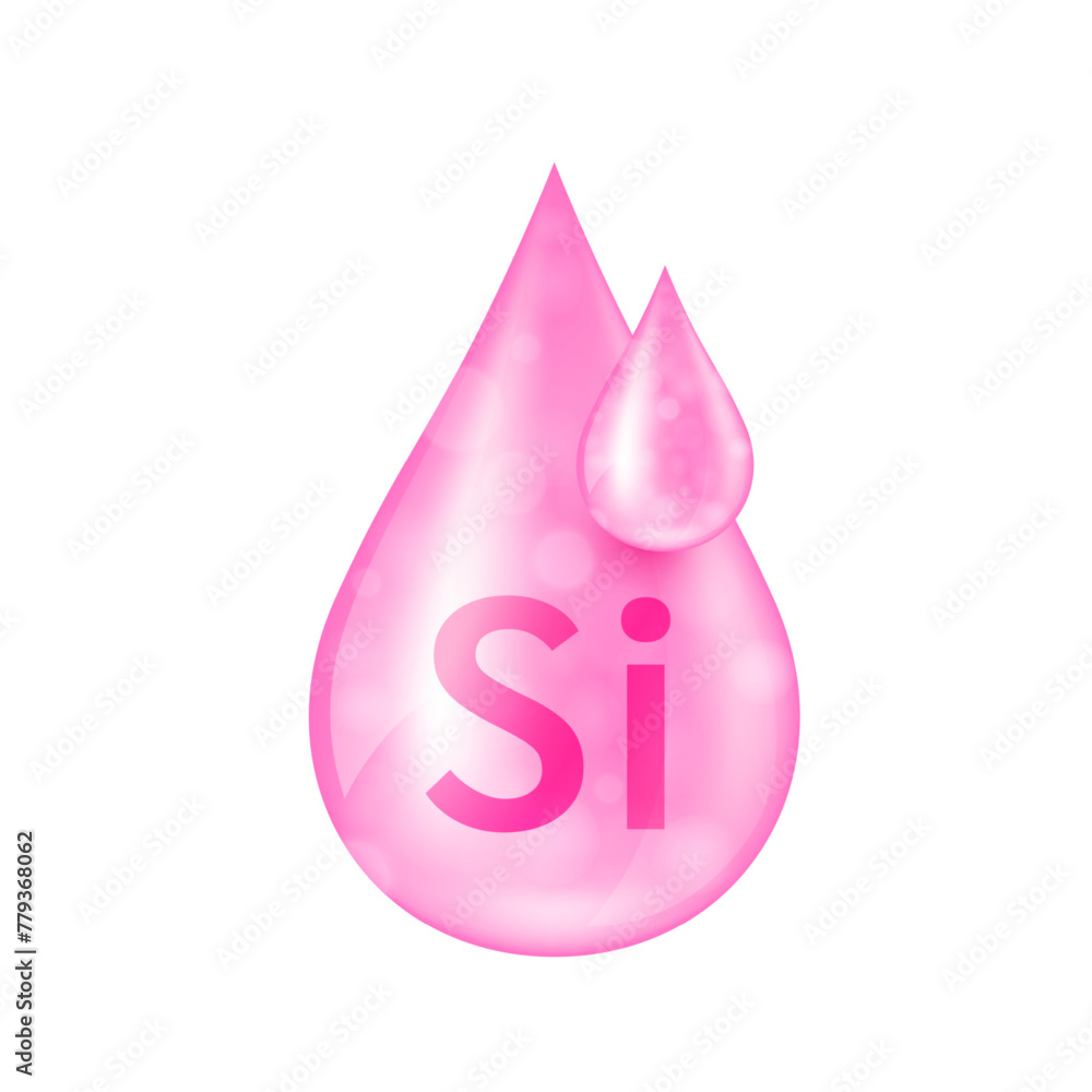 Silicon minerals droplet pink. Solution vitamins complex essential. Aqua drop from nature on white background for dietary supplement ads. Medical science concept. Icon 3D isolated vector.