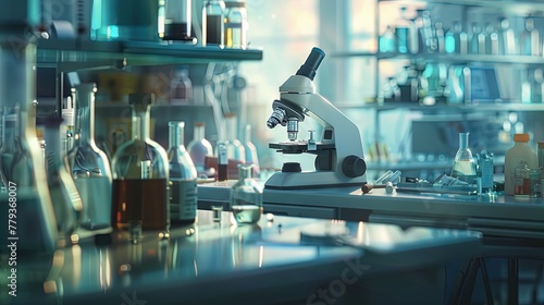 lab with microscope, in the style of soft focus lens, photorealistic pastiche,​