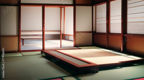 Japanese room with door and garden, featuring traditional interior design elements like paper walls, wooden furniture, and a serene ambiance photo