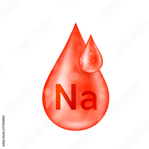Sodium minerals droplet red. Solution vitamins complex essential. Aqua drop from nature on white background for dietary supplement ads. Medical science concept. Icon 3D isolated vector.
