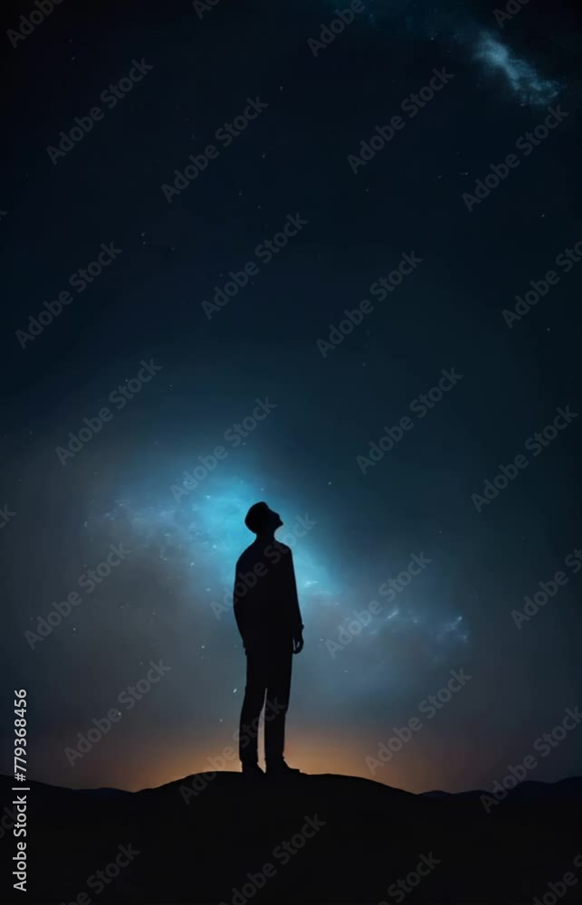 A solitary figure gazing up at the night sky, mesmerized by the brilliance of the stars and the vastness of the cosmos A solitary figure gazing up at the night sky, mesmerized by the brilliance of the stars and the vastness of the cosmos