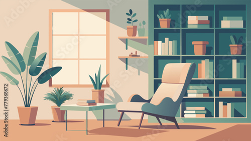 A charming reading nook filled with a variety of potted plants a custombuilt bookshelf and a comfortable lounge chair offering a peaceful