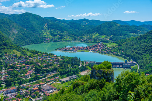 Aerial view of Zvornik hydroelectric power plant between Bosnia and Serbia