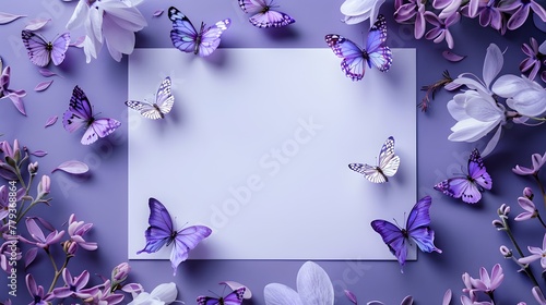 Set against a soft purple backdrop, delicate white flowers and lilac butterflies crafted from paper create a dreamy aesthetic.