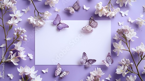 A dreamy aesthetic is achieved with delicate white flowers and lilac butterflies crafted from paper, set against a soft purple backdrop.