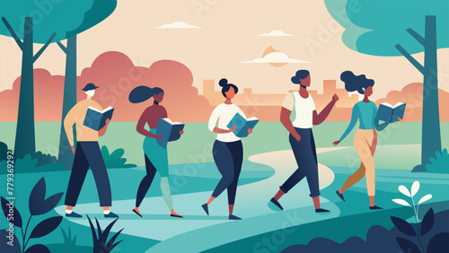 As they stroll through a picturesque park the book club members take turns recommending books to each other eagerly sharing summaries and