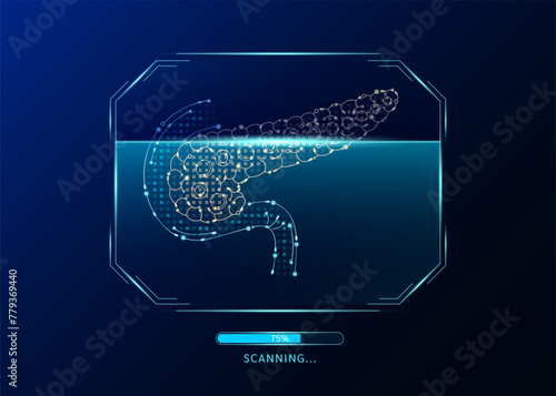 Pancreas scanning radar screen. Medical technology health care. Digital interface system MRI scan analysis of human organ. Science concept. Vector EPS10.