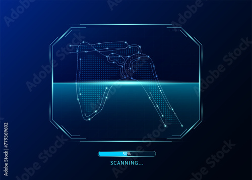 Shoulder joint bone scanning radar screen. Medical technology health care. Digital interface system MRI scan analysis of human organ. Science concept. Vector EPS10.