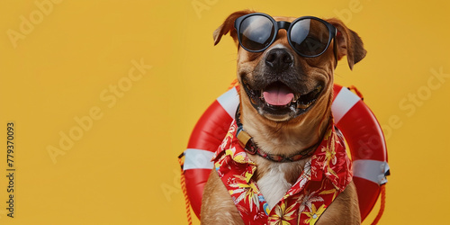 Poster banner of summer holidays banner concept with copy paste place for text. Excited dog in dark sunglasses and inflatable circle smile do not look into screen on studio yellow background