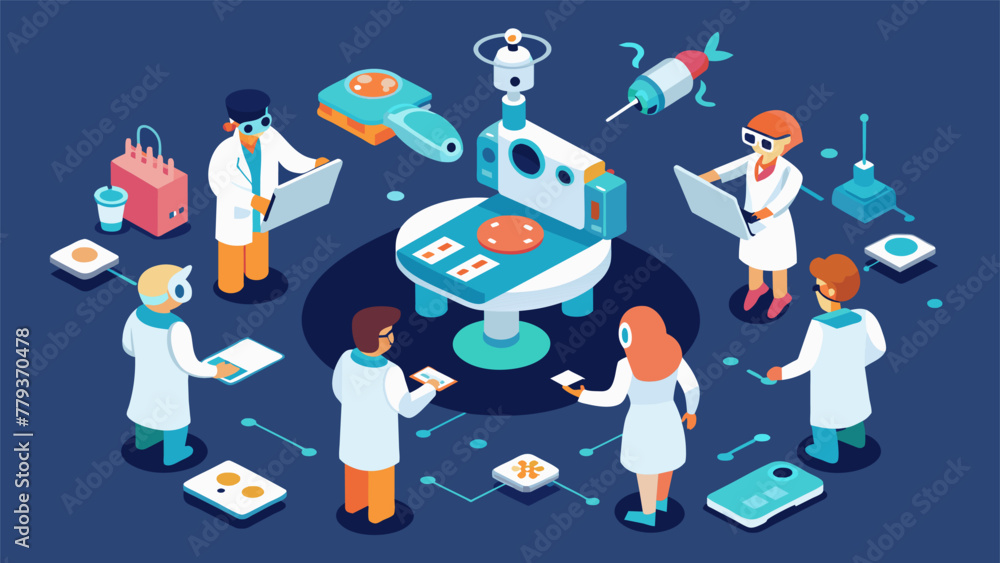 An overhead view of a group of scientists collaborating with AIpowered robots to conduct experiments and collect data. An overhead view of a group of scientists collaborating with AIpowered robots to conduct experiments and collect data.