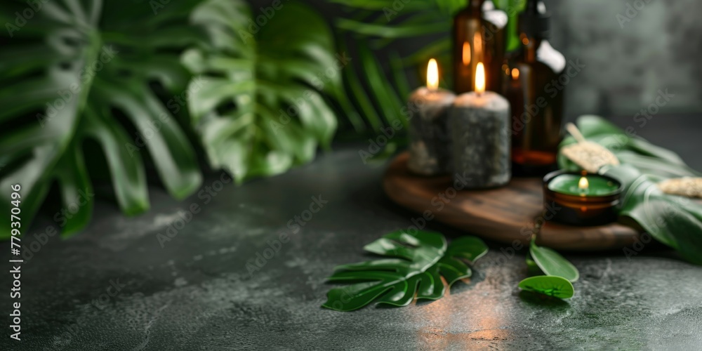 A table adorned with two oil bottles and a flickering candle, accompanied by green tropical leaves - spa essentials A table adorned with two oil bottles and a flickering candle, accompanied by green tropical leaves - spa essentials