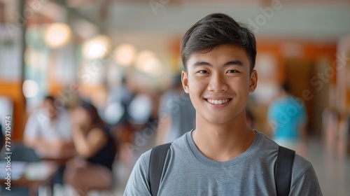 Handsome young filipino male student smiling and looking at the camera in a high school classroom with blurred students in the background.