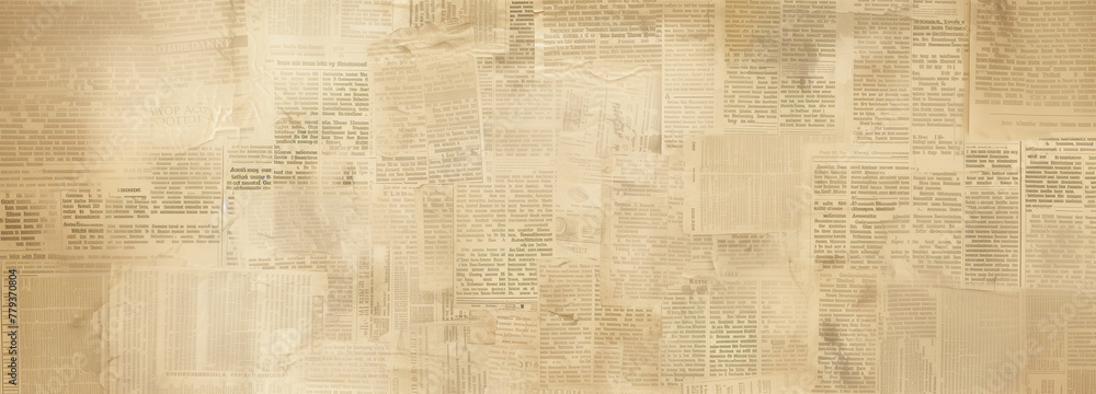 Fototapeta premium Newspaper vintage page texture. Grunge, old paper unrecognizable print beige background for copy spate. Aged abstract newsprint sheet vertical banner with blurry text for clip art
