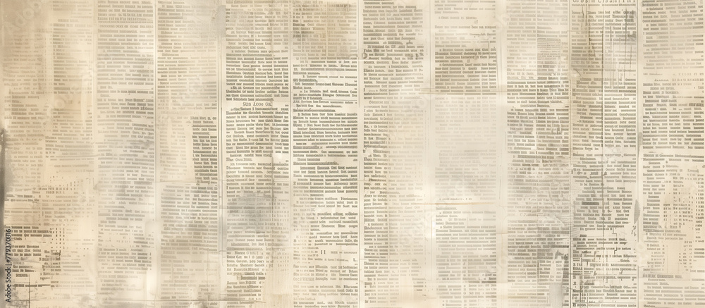 Fototapeta premium Newspaper vintage texture. Grunge, old paper page unrecognizable print beige background for copy spate. Aged abstract newsprint sheet vertical banner with blurry text for wallpaper